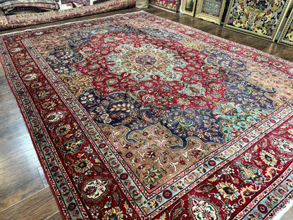 Wonderful Persian Tabriz Rug 10x14, Antique Persian Carpet, Handmade Wool Rug, Floral Medallion, Red Navy Blue, Colorful, Large Persian Area Rug - Nuvé