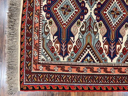 Russian Soumak Rug 6x8, Wool Handmade Antique Kilim Carpet, Multicolor 6 x 8 Geometric Medallions Caucasian Rug, Medium Size - Nuvé