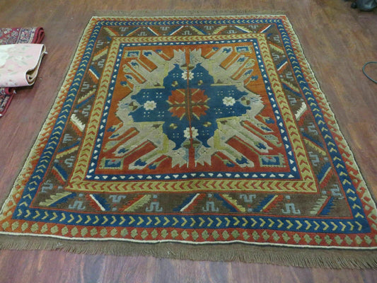 5' X 5.5' Vintage Handmade Turkish Kazak Colorful Wool Square Rug Carpet Bohemian Boho Vintage Interior Home Design - Nuvé