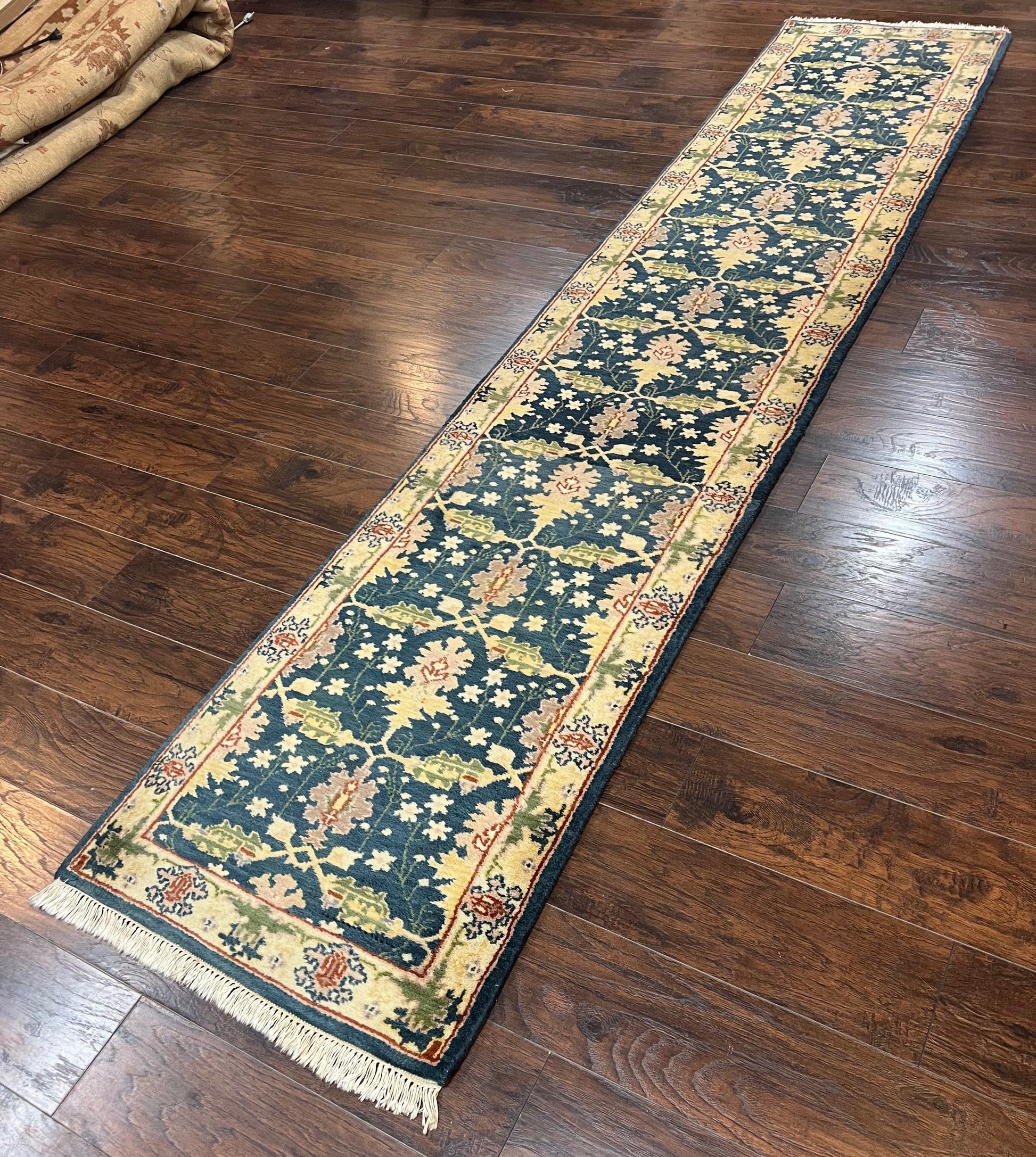 Indian Runner Rug 2.6 x 12, Navy Blue Beige Oriental Runner Rug 12ft Long, Narrow Hallway Runner, Wool Hand Knotted Indo Persian Mahal Rug - Nuvé