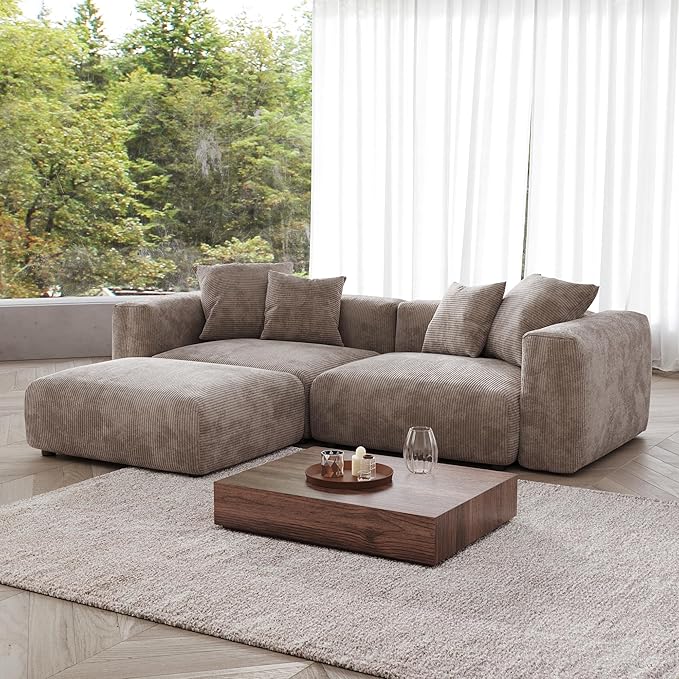 Kanso Corduroy Modular Bouclé Cloud Couch - Brown - 2-Seater Sectional Sofa with Ottoman - Nuvé