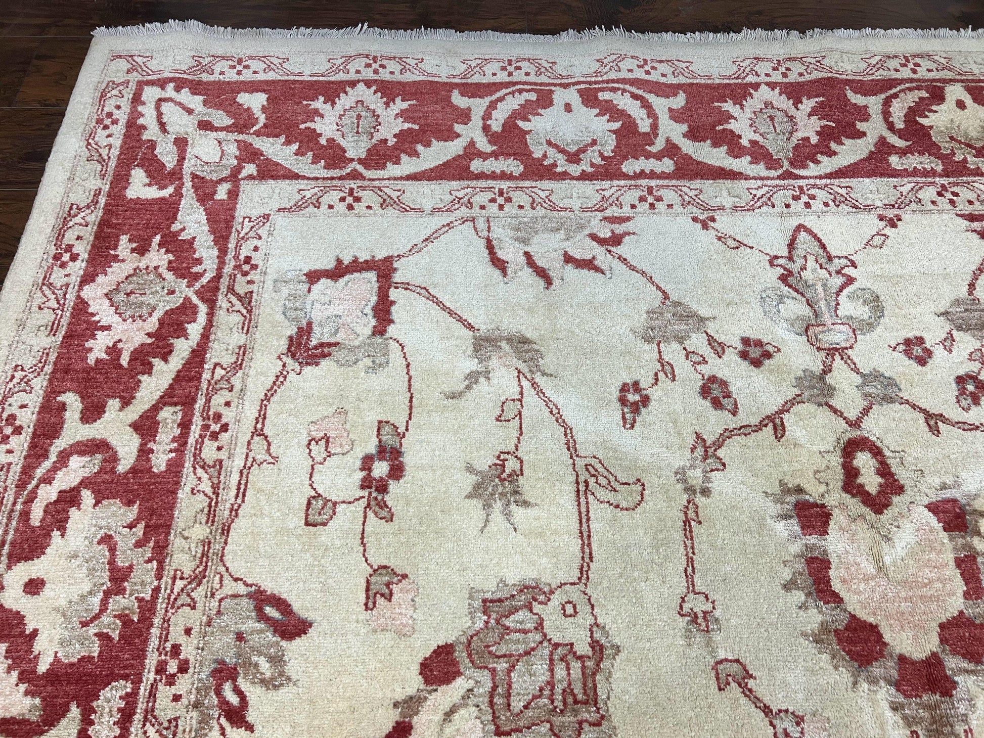 Peshawar Rug 8x12 Pakistani Carpet, Oriental Rug 8 x 12 Chobi Rug, Beige and Red, Allover Large Floral Design, Hand Knotted Vintage Wool - Nuvé
