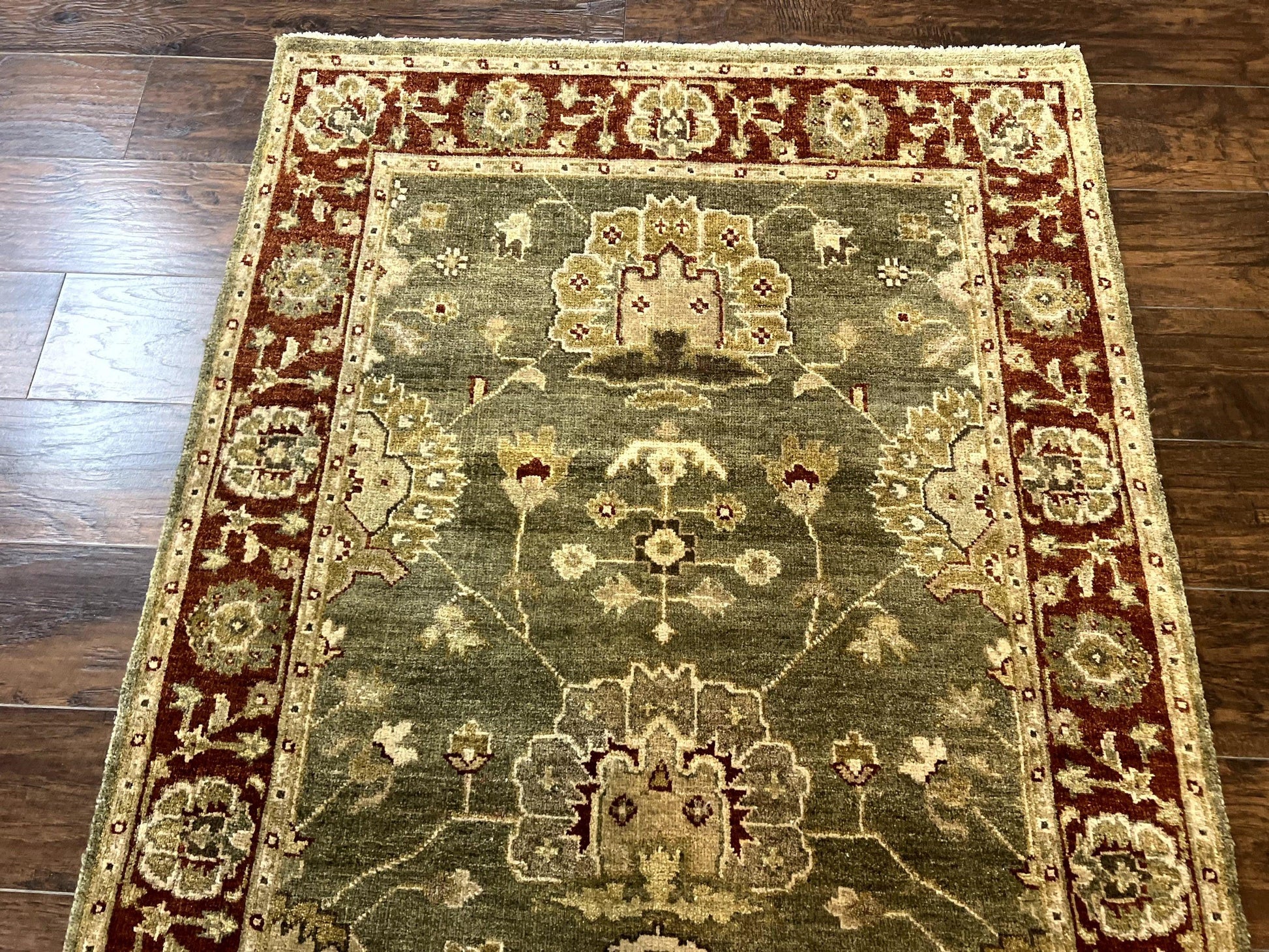 Indo Oushak Rug 4x6, Green and Maroon, Vintage Wool Floral Rug, Indian Agra Rug - Nuvé