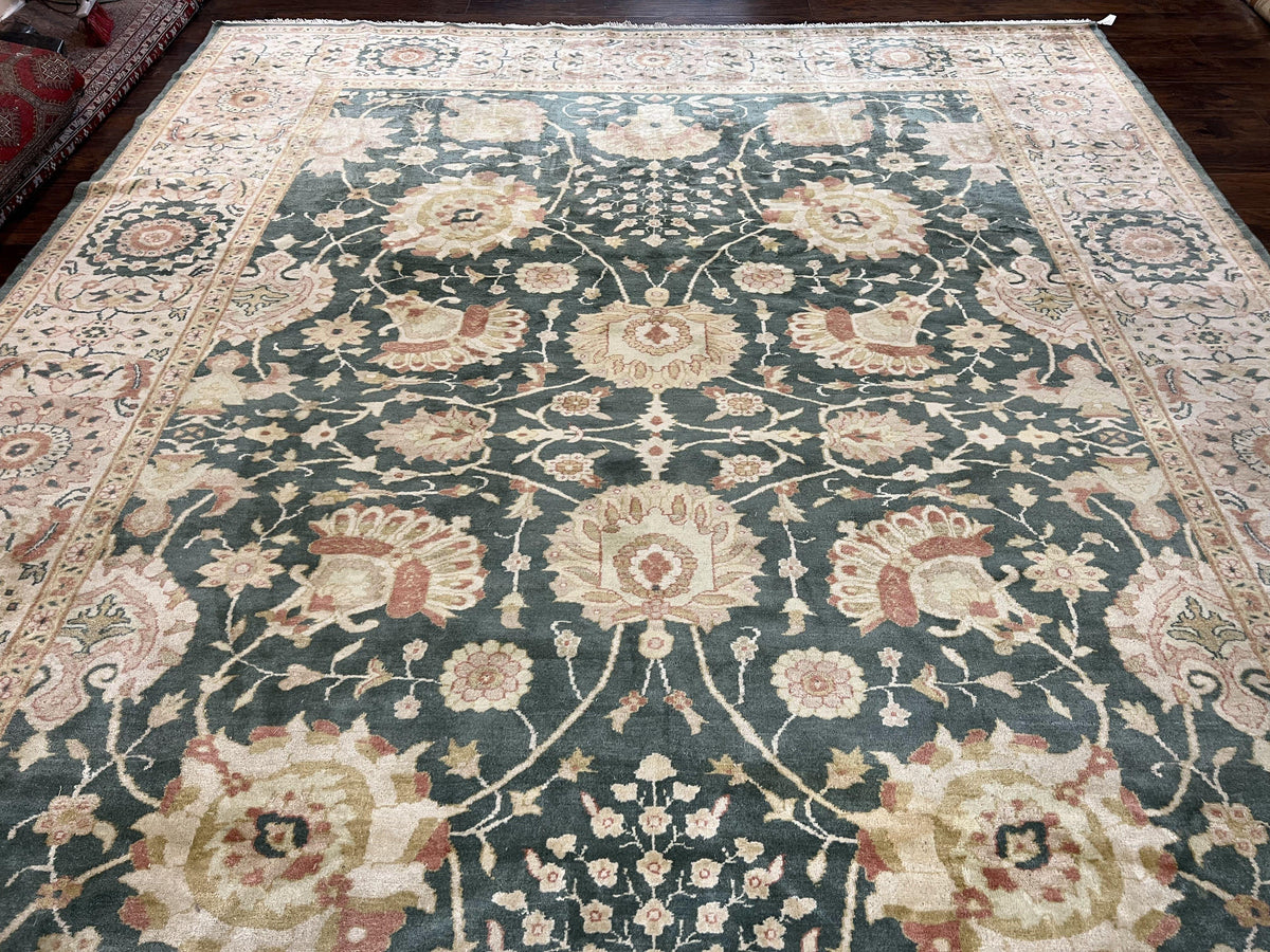Egyptian Mahal Rug 10x14, Large Vintage Floral Hand Knotted Wool Carpet 10 x 14, Dark Green and Beige Traditional Handmade Persian Area Rug