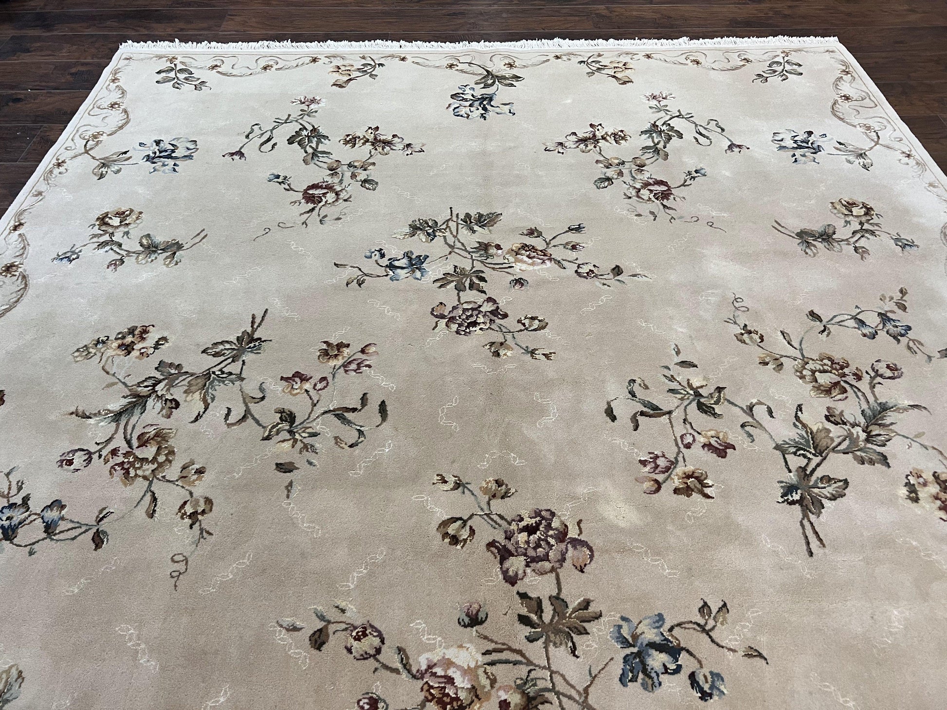 Chinese 120 Line Rug 8x10, Chinese Aubusson Wool & Silk Highlights Handmade Vintage Carpet, Beige Fine Weave Rug, Floral European Design - Nuvé