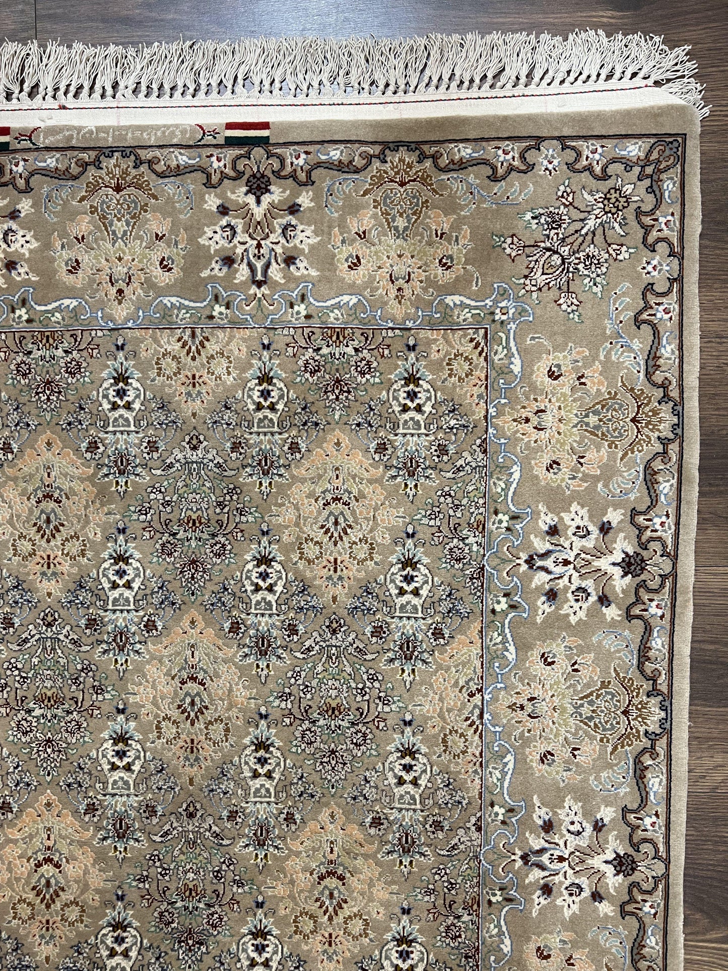 Super Fine Persian Isfahan Rug 3x5 ft, Kork Wool on Silk Foundation, Repeated Floral Motif, Taupe Tan Hand Knotted Oriental Carpet 3 x 5 ft, Signed - Nuvé