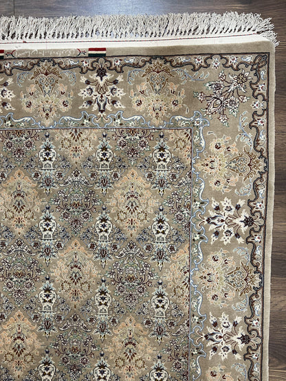 Super Fine Persian Isfahan Rug 3x5 ft, Kork Wool on Silk Foundation, Repeated Floral Motif, Taupe Tan Hand Knotted Oriental Carpet 3 x 5 ft, Signed - Nuvé