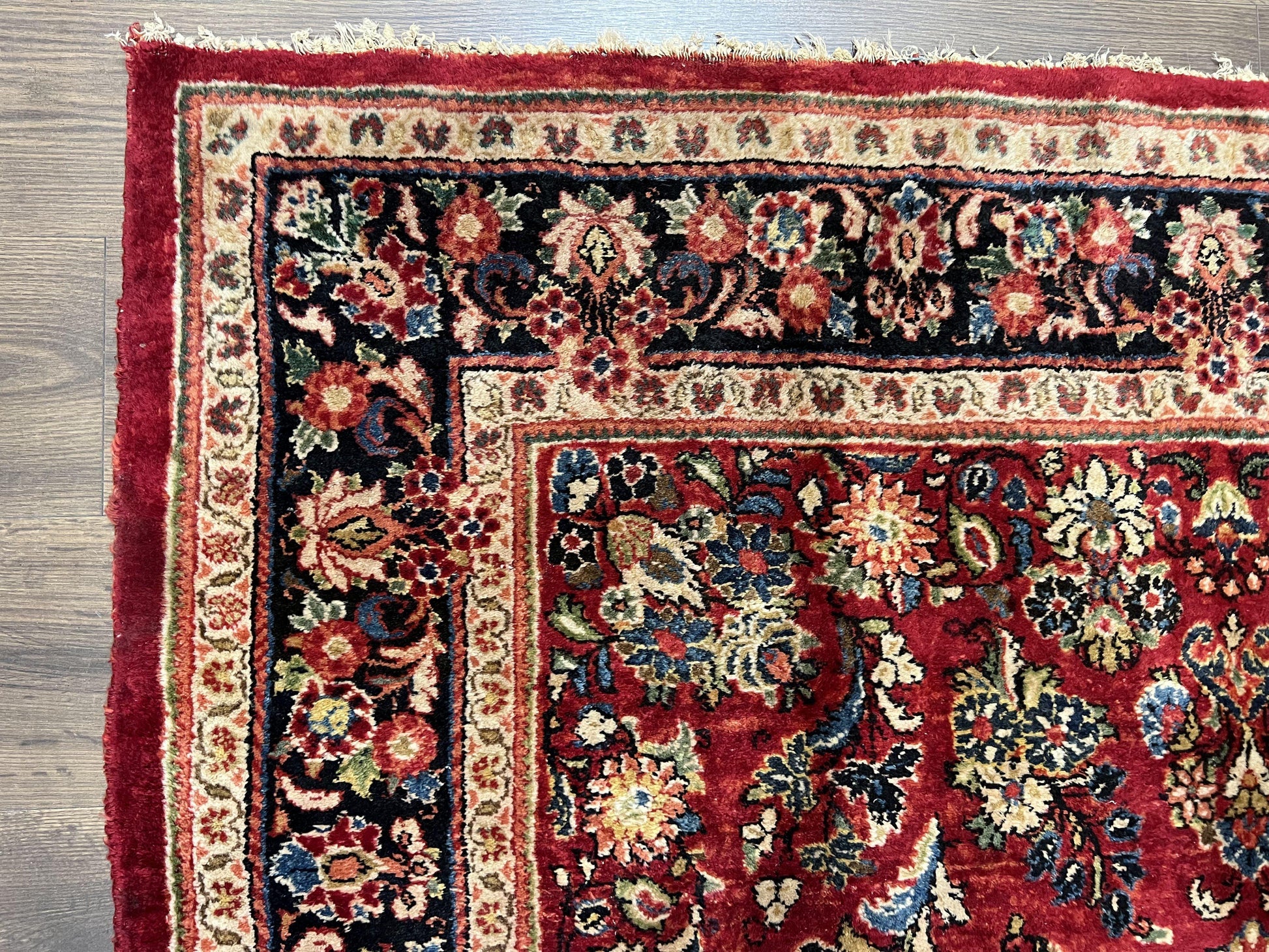 Rare Persian Almost Square Rug 6.3 x 5.3, Hand Knotted Wool Antique 1920s Sarouk Oriental Carpet, Red Navy Blue Beige, Floral Allover, 5x6 Area Rug - Nuvé