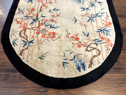 Antique Chinese Oval Rug 3.9 x 6.7, Floral, Butterflies, Chinese Wool Art Deco Peking Carpet, Beige, Handmade - Nuvé