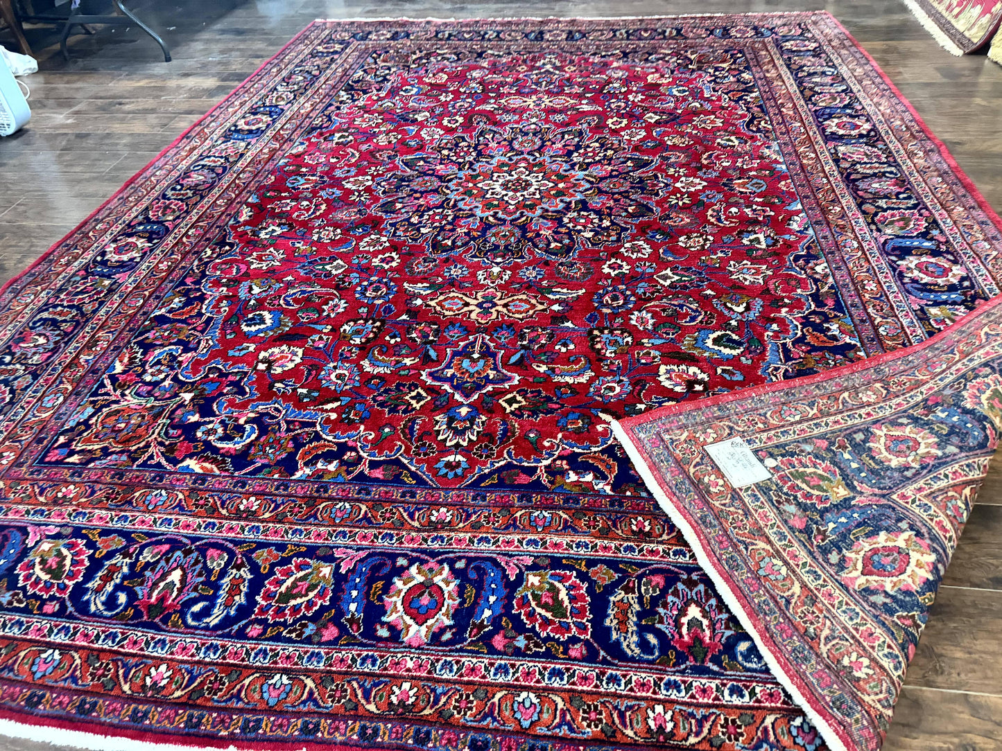 Antique Persian Mashad Rug 10x13, Red and Navy Blue, Great Colors, Signed By Masterweaver, Floral Medallion, Handmade Wool Persian Carpet - Nuvé