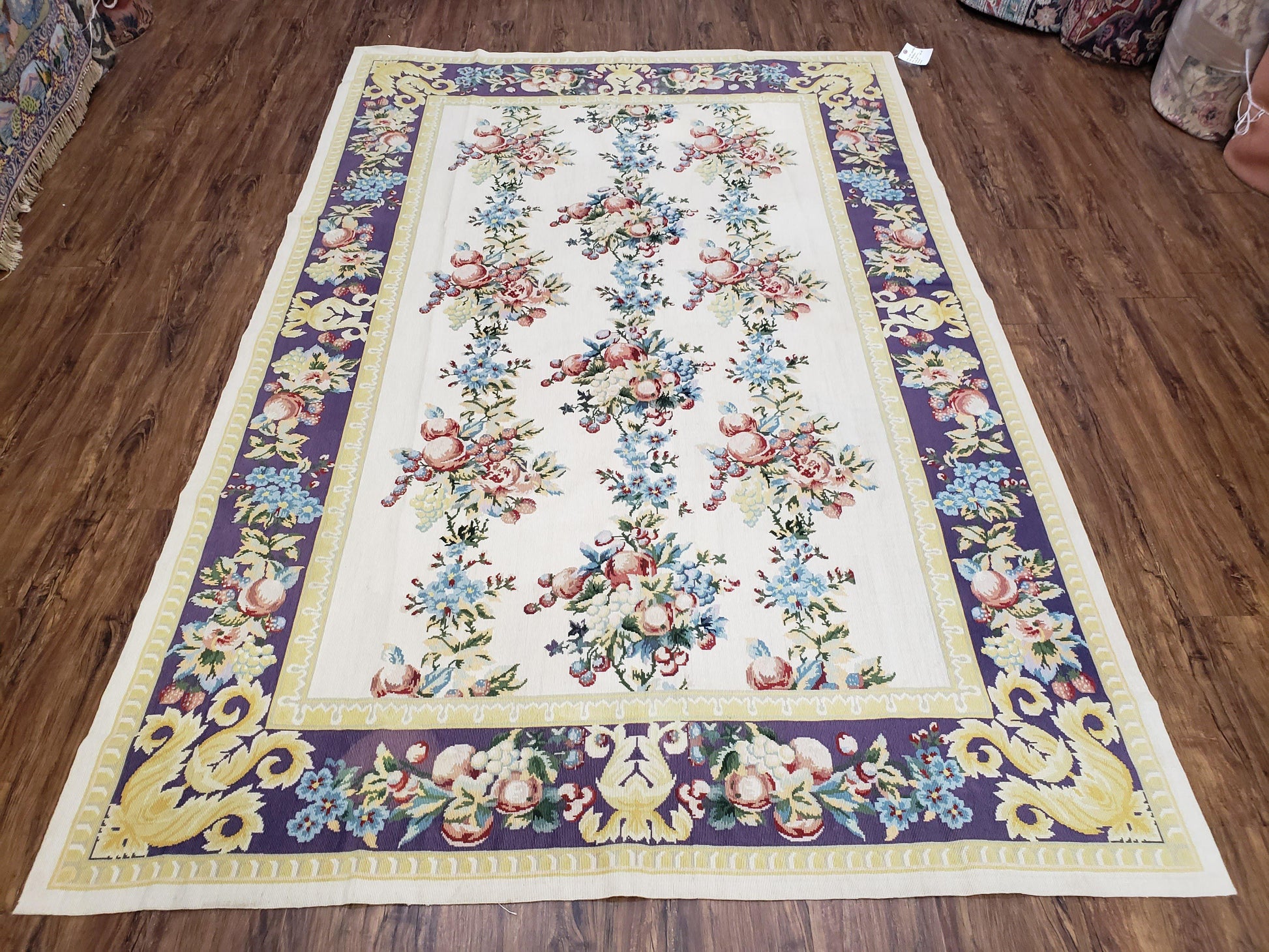 Vintage Chinese Floral Needlepoint Area Rug 6x9, Wool Hand-Woven Handmade Flatweave Rug, Ivory & Purple, Fruits Grapes Apples, Dining Room - Nuvé