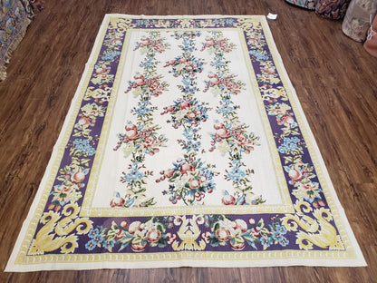 Vintage Chinese Floral Needlepoint Area Rug 6x9, Wool Hand-Woven Handmade Flatweave Rug, Ivory & Purple, Fruits Grapes Apples, Dining Room - Nuvé