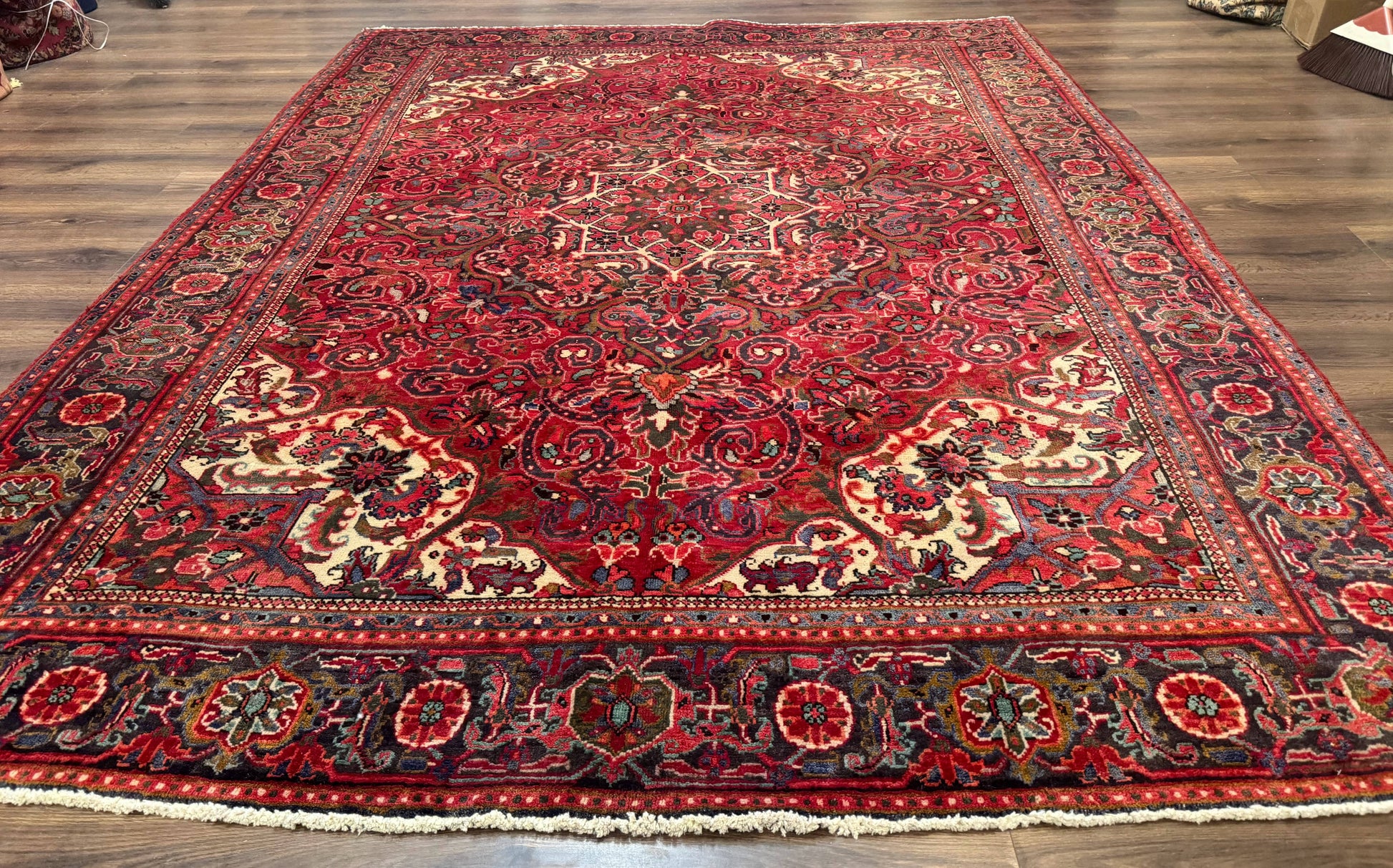 Persian Heriz Rug 7x10, Red and Navy, Geometric Medallion, Vintage Wool Carpet - Nuvé