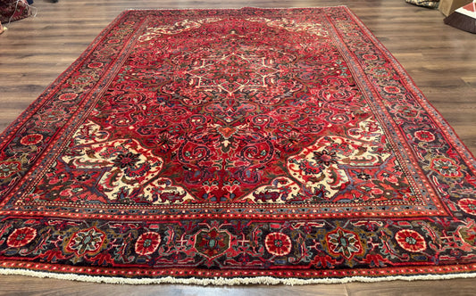 Persian Heriz Rug 7x10, Red and Navy, Geometric Medallion, Vintage Wool Carpet - Nuvé