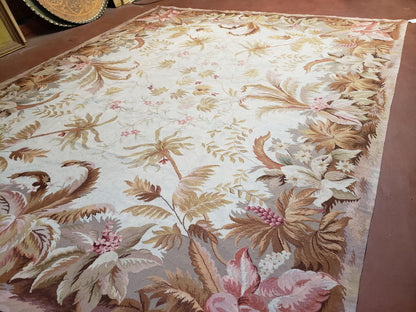 7' 7" x 9' 8" Needlepoint Rug Floral Beige Flat Weave Carpet 8x10 Handmade New Area Rug - Nuvé