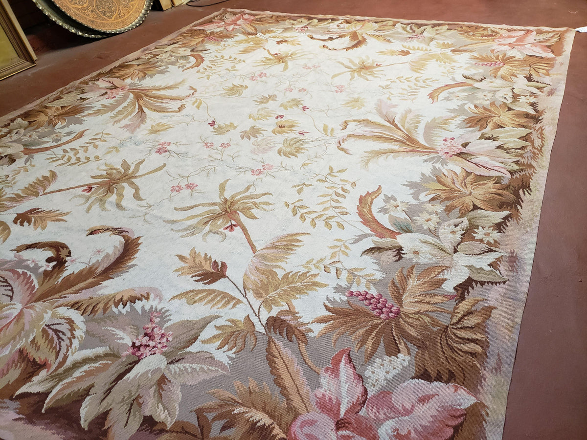 7' 7" x 9' 8" Needlepoint Rug Floral Beige Flat Weave Carpet 8x10 Handmade New Area Rug