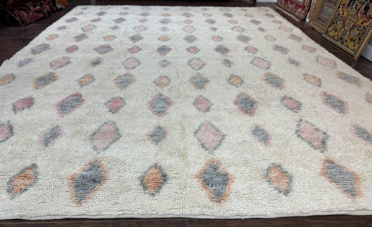 Large Modern Contemporary Indian Shag Rug 11x14, Ivory, Handmade Wool Carpet - Nuvé
