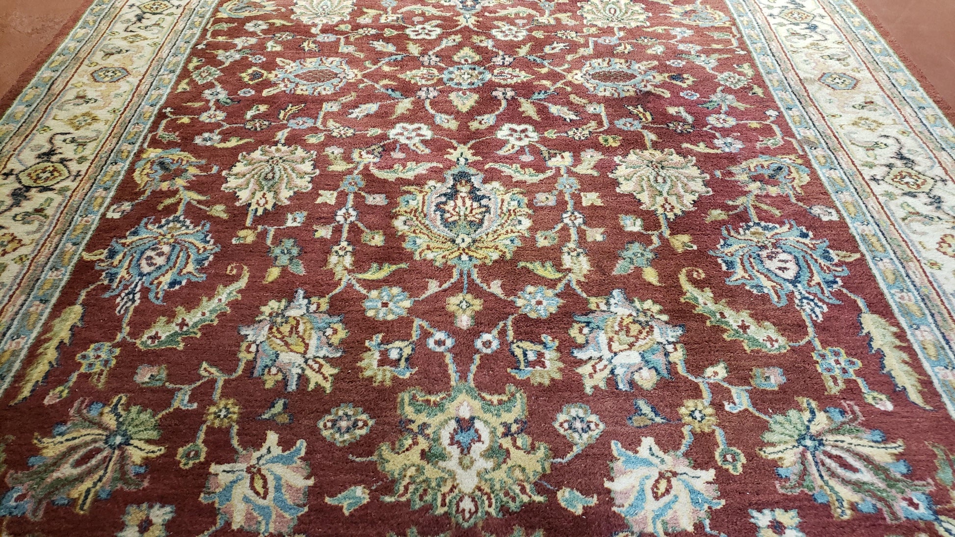 8x12 Indo-Mahal Rug, Floral Allover, Red & Beige, Wool Vintage Handmade Traditional Carpet - Nuvé