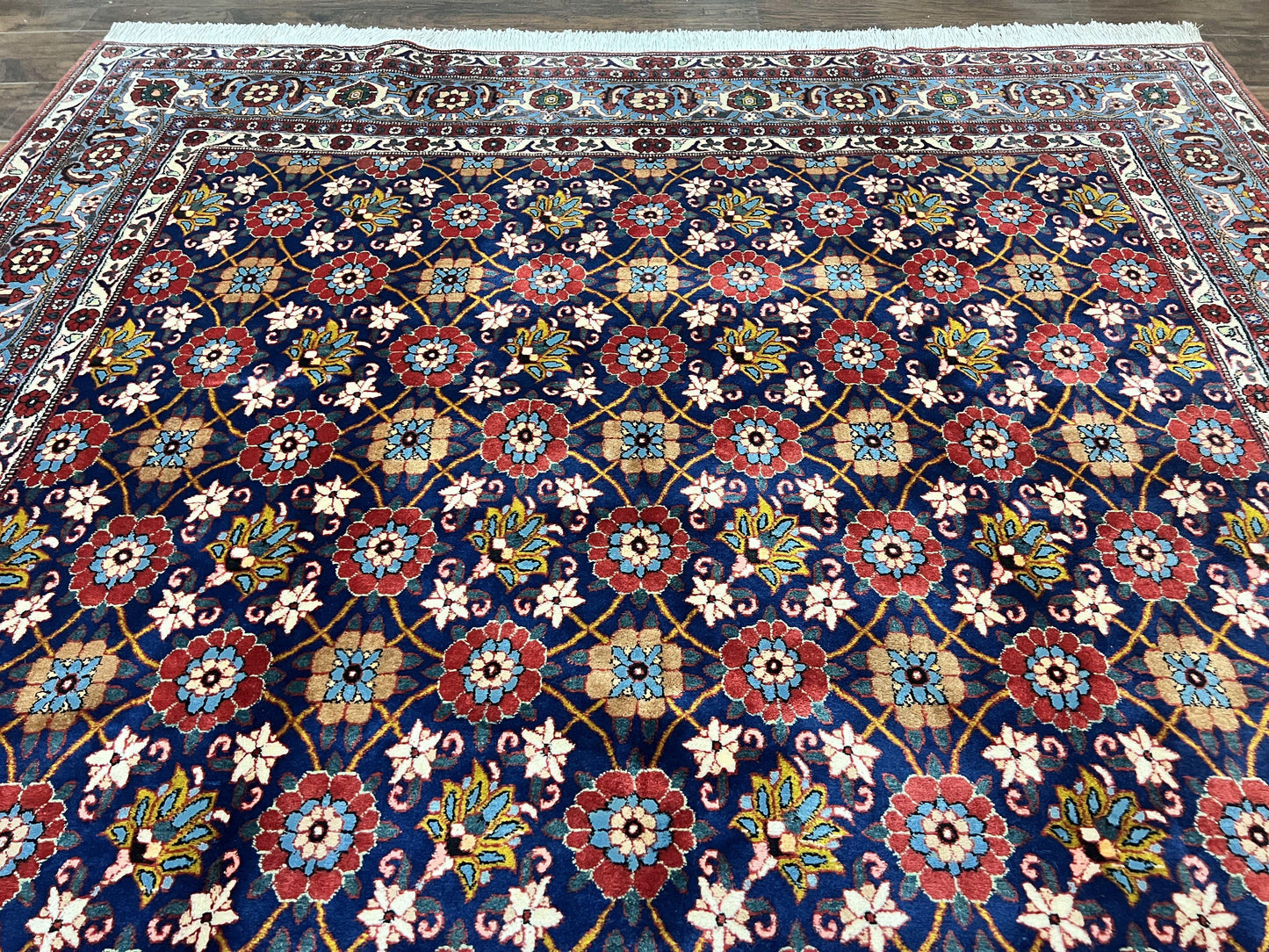 Persian Veramin Rug 7x11, Repeated Allover Pattern, Handmade Vintage Carpet, Navy Blue - Nuvé