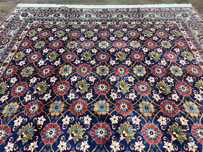 Persian Veramin Rug 7x11, Repeated Allover Pattern, Handmade Vintage Carpet, Navy Blue - Nuvé