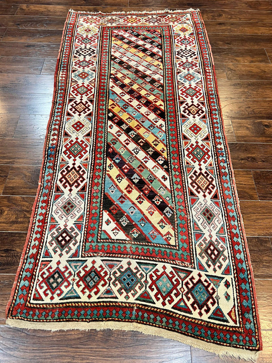 Caucasian Kazak Runner Rug 3.6 x 8, Wool Hand Knotted Antique 1880s Carpet, Ivory & Multicolor Stripes Oriental Runner Rug, Hallway Rug - Nuvé