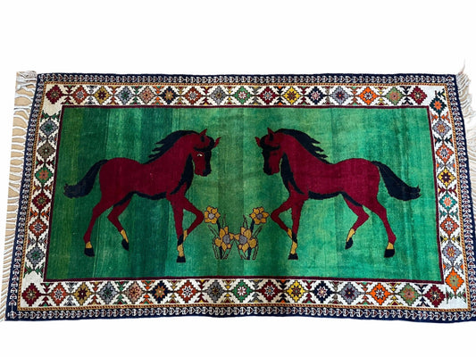 4 X 7 Handmade Rug Zagros Quality Wool Pictorial Horses Green Butterfly Colorful - Nuvé