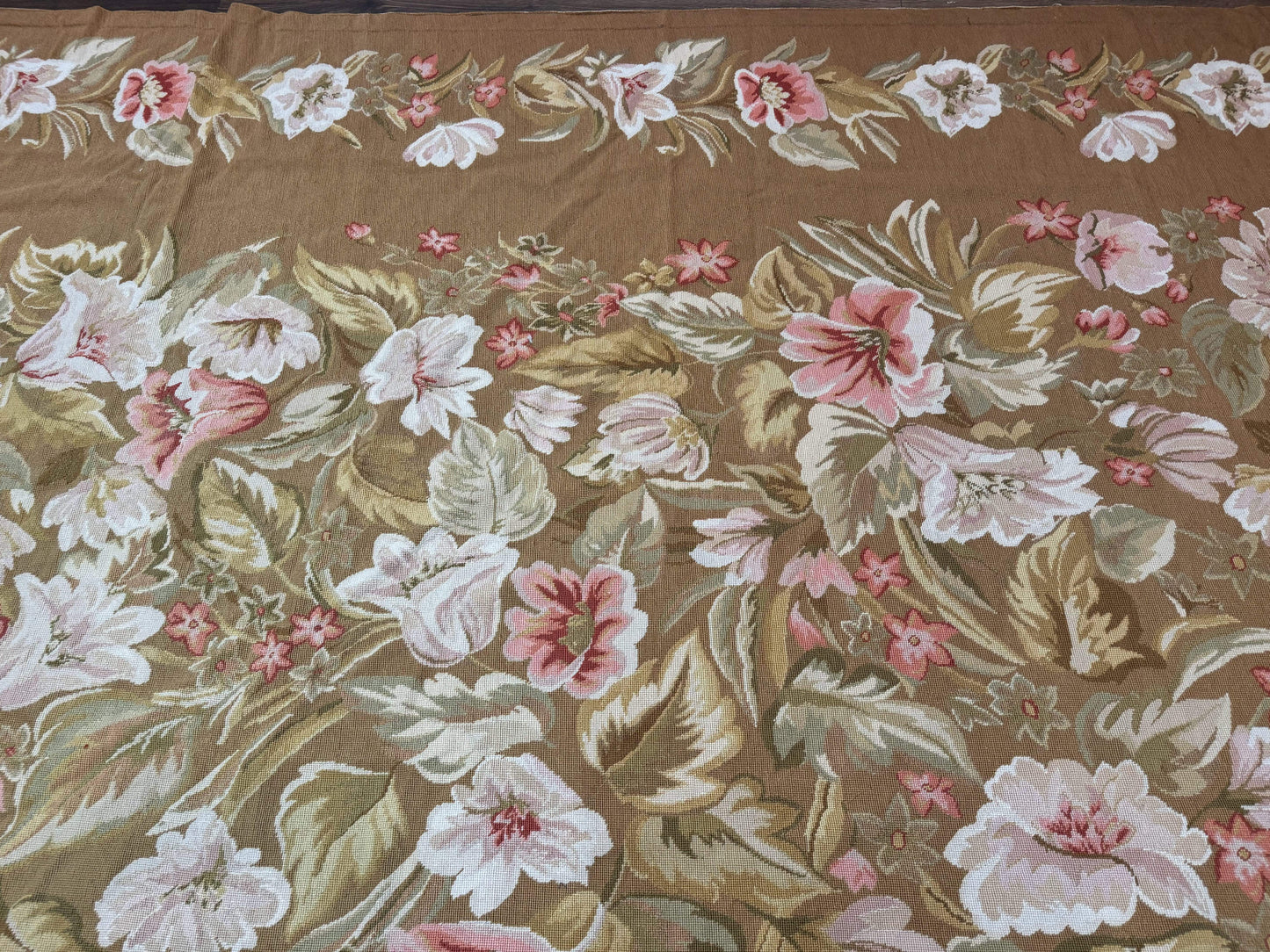 Large Needlepoint Rug 11x14, Vintage Floral Wool Carpet, Caramel - Nuvé