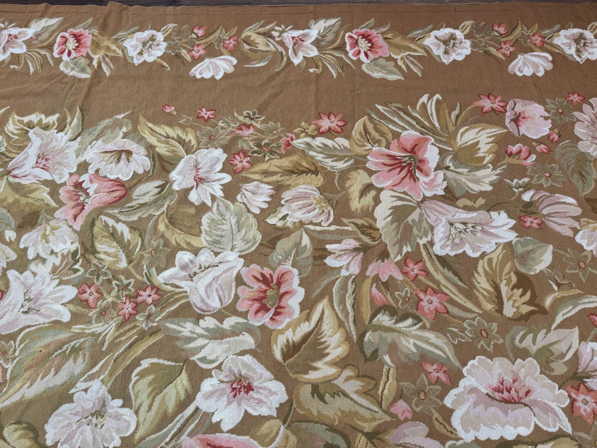 Large Needlepoint Rug 11x14, Vintage Floral Wool Carpet, Caramel - Nuvé