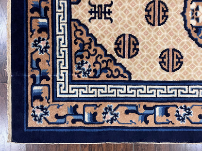 Chinese Peking Rug 3x5, Antique Chinese Art Deco Carpet, Blue Ivory Tan, Hand Knotted Wool Asian Oriental Rug 3 x 5 Vintage Small Peking Rug