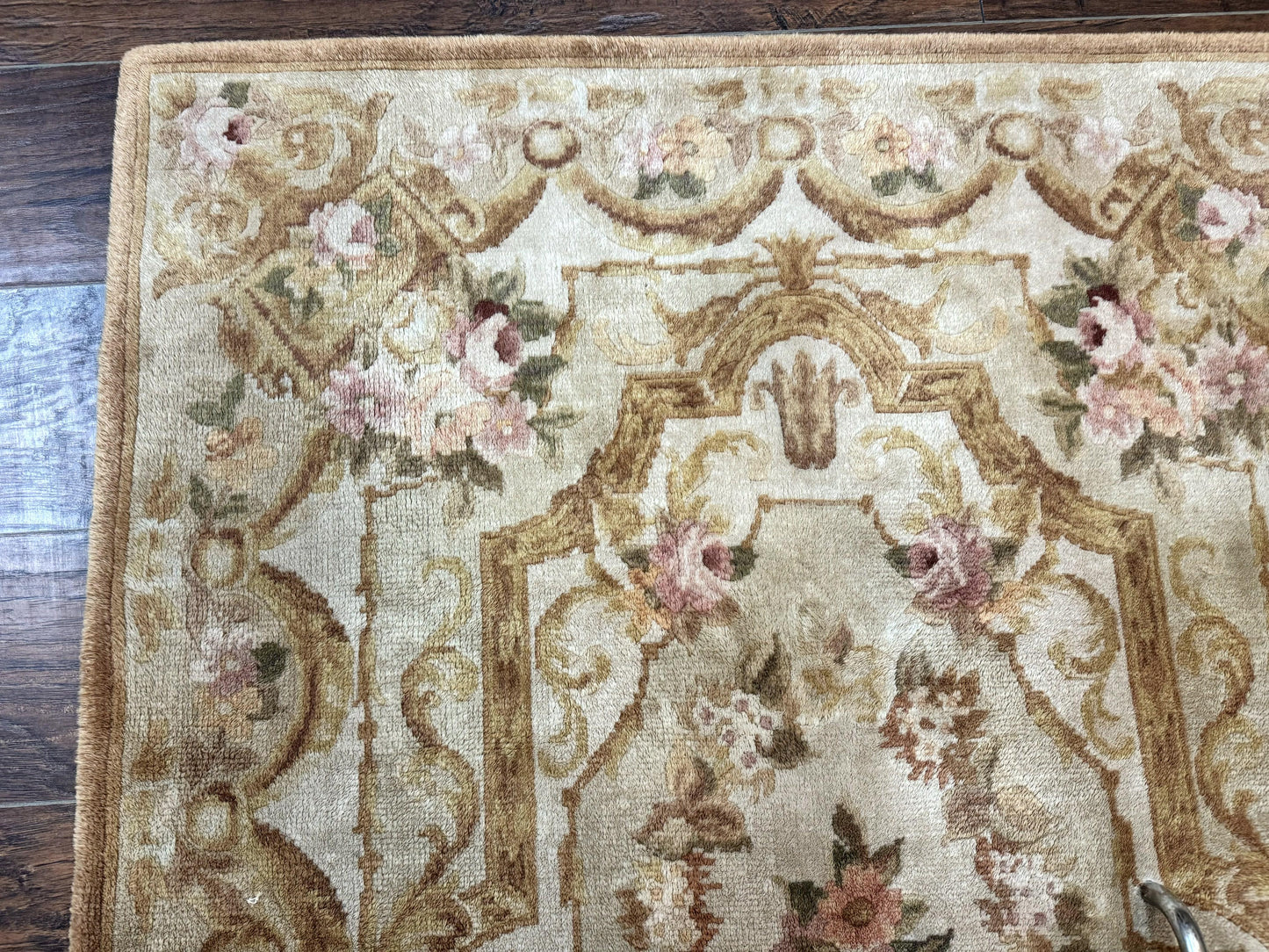 Chinese Aubusson Rug 3.6 x 5, Beige and Gold, Handmade Vintage Elegant European Design Carpet, Plush Wool, Handmade - Nuvé