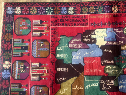 Afghan Rug 3x7, Map of Afghanistan, War Rug, Tribal Rug, Balouch Rug, New, Red - Nuvé
