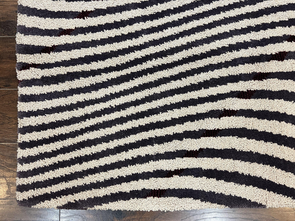 Vintage Zebra Stripes Shag Rug 5.7 x 7.4, Black and White, Retro, Wool