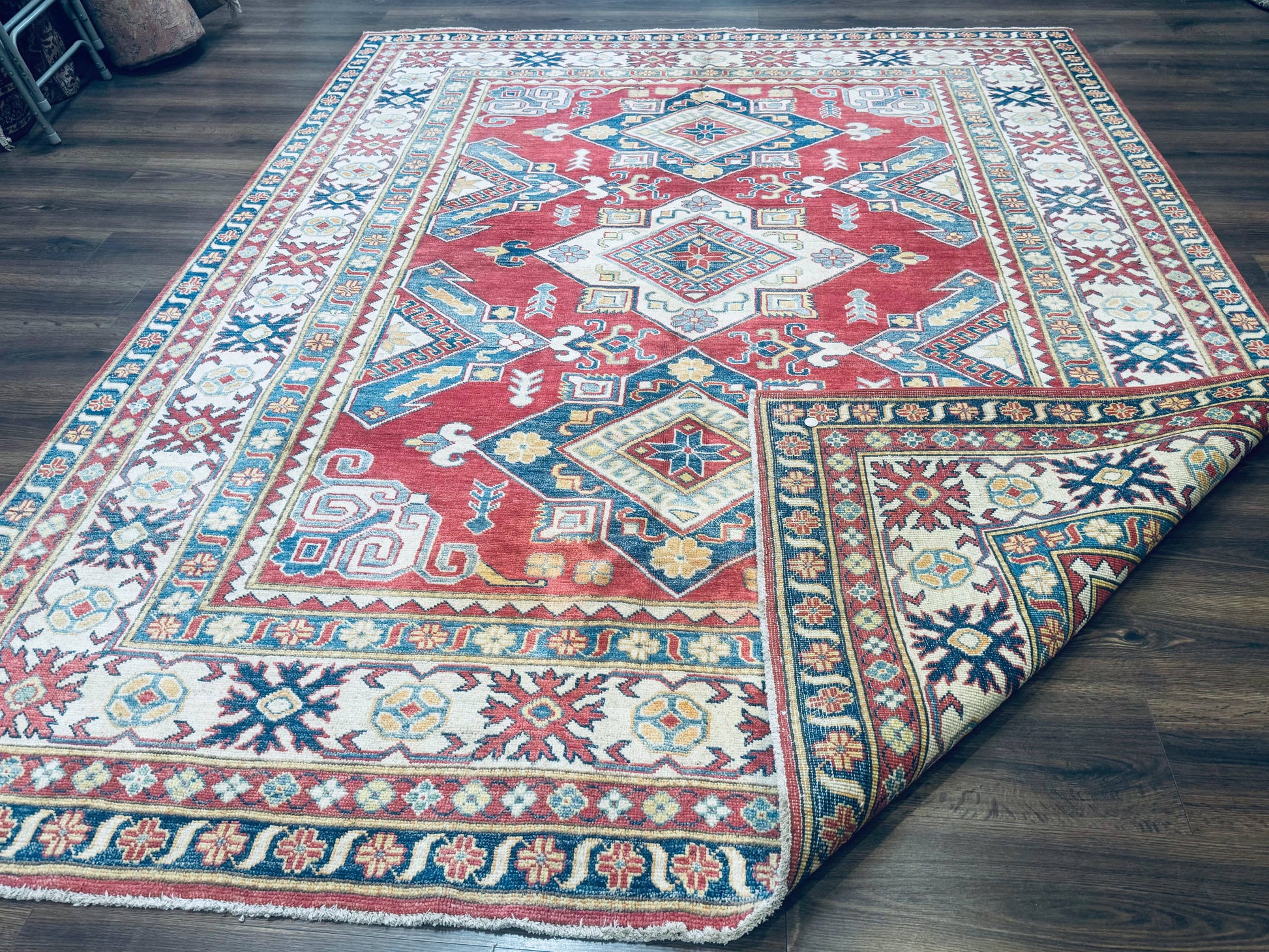 Turkish Kazak Rug 7.6 x 9.5, Geometric Medallions, Caucasian Pattern - Nuvé