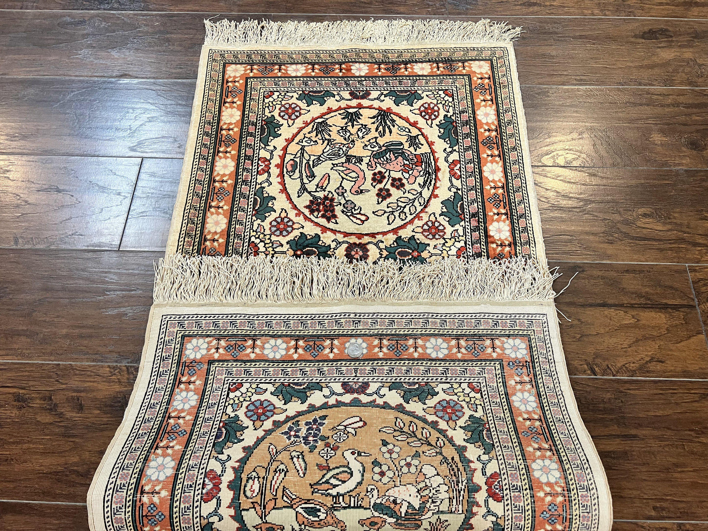 Silk Turkish Rug 2x4, Fine Handmade Oriental Rug, Animal Pictorial Birds Silk Pile on Silk Foundation Vintage Hand Knotted Hereke Carpet - Nuvé