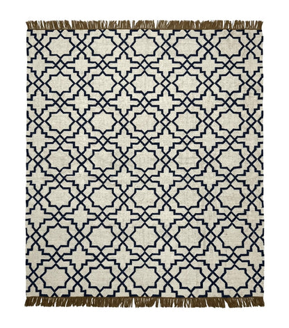 Indian Kilim Rug 8x10, Oat and Navy Blue, Dhurrie Carpet, Handmade, Wool