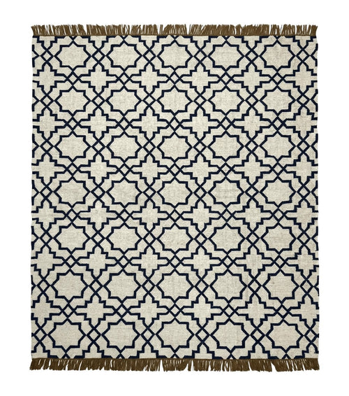 Indian Kilim Rug 8x10, Oat and Navy Blue, Dhurrie Carpet, Handmade, Wool
