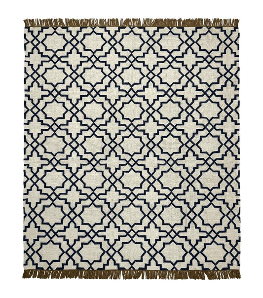 Indian Kilim Rug 8x10, Oat and Navy Blue, Dhurrie Carpet, Handmade, Wool