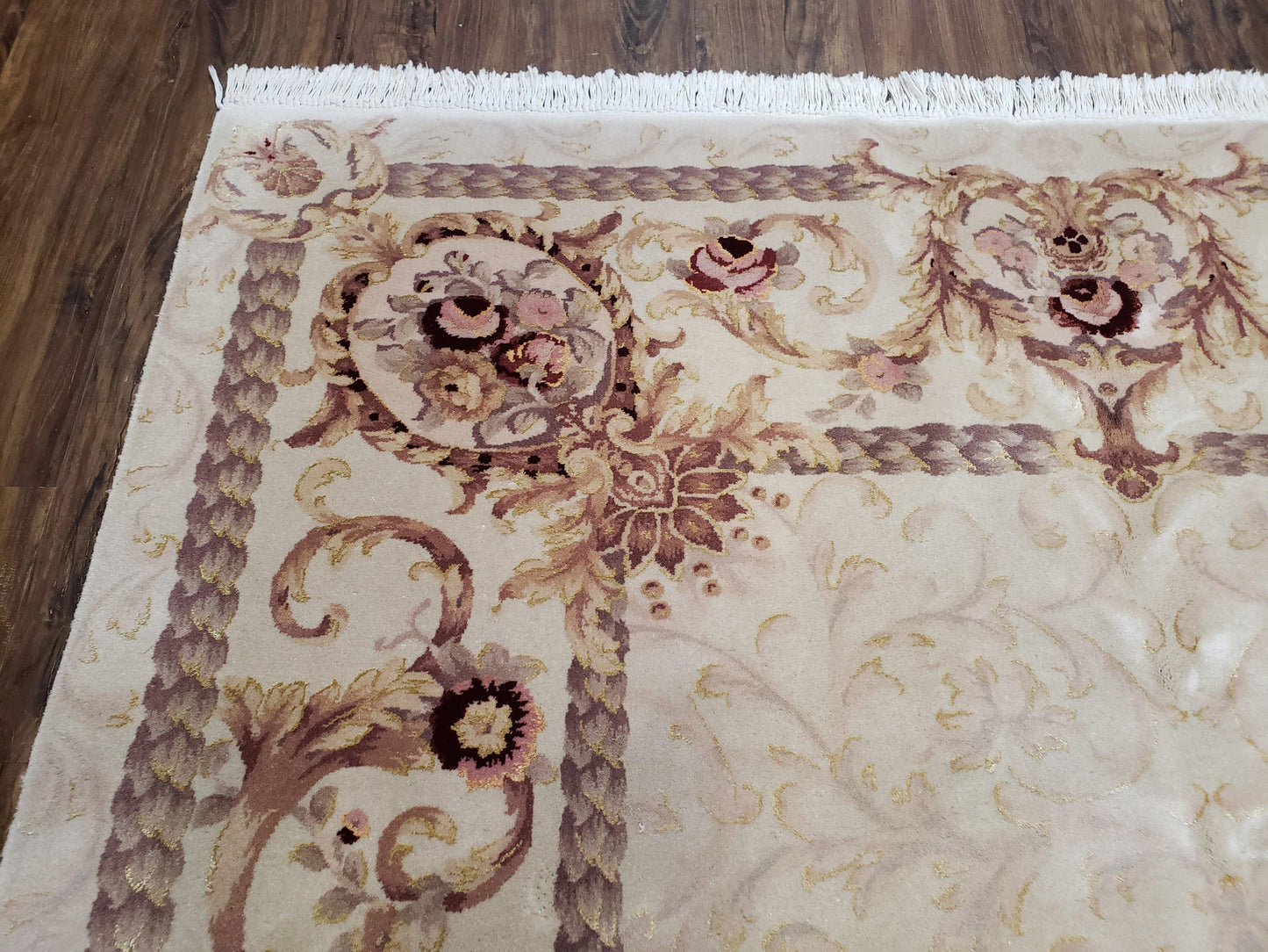 Vintage Ivory Chinese Aubusson Area Rug 6x9, Wool & Silk, Hand-Knotted 120 Line Fine Rug, European Design Carpet, 6 x 9 Master Signature Rug - Nuvé