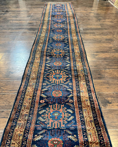 Antique Persian Sarab Runner 3x17, Blue Persian Runner Rug, Long Handmade Wool Carpet for Hallway, Rare, Tribal - Nuvé