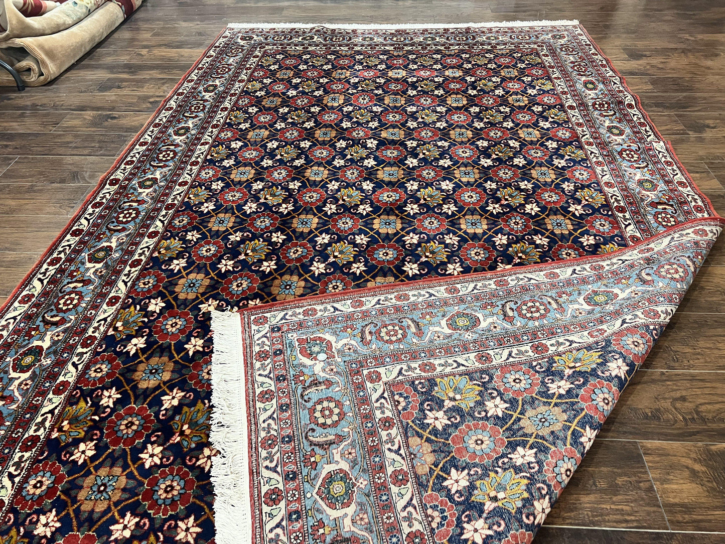 Persian Veramin Rug 7x11, Repeated Allover Pattern, Handmade Vintage Carpet, Navy Blue - Nuvé