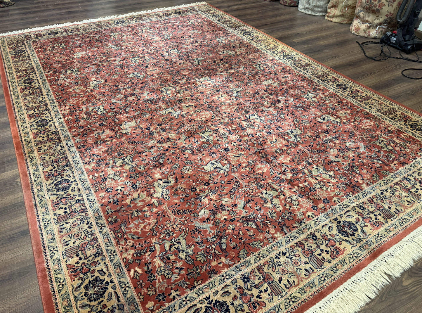 Persian Area Rug 8 x 11.6, Wool, Royal Hunting Scene, Vintage Couristan Rug, Red, Allover Pattern, Belgium Power Loomed - Nuvé