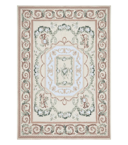 Elegant Aubusson Rug 10 x 14, Cream and Ivory Simple Aubusson Floral Carpet, Hand-Woven, European, New Aubusson Rug, Wool Area Rug, Violins