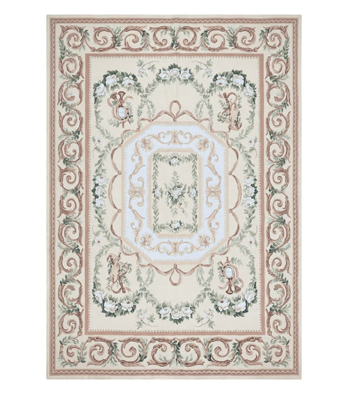 Elegant Aubusson Rug 10 x 14, Cream and Ivory Simple Aubusson Floral Carpet, Hand-Woven, European, New Aubusson Rug, Wool Area Rug, Violins