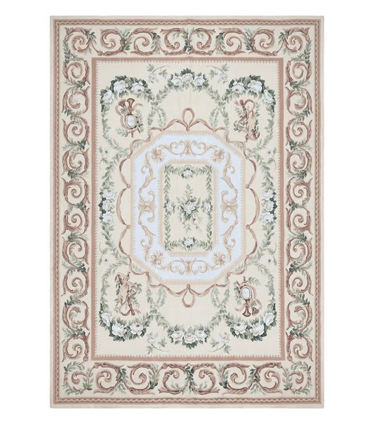 Elegant Aubusson Rug 10 x 14, Cream and Ivory Simple Aubusson Floral Carpet, Hand-Woven, European, New Aubusson Rug, Wool Area Rug, Violins