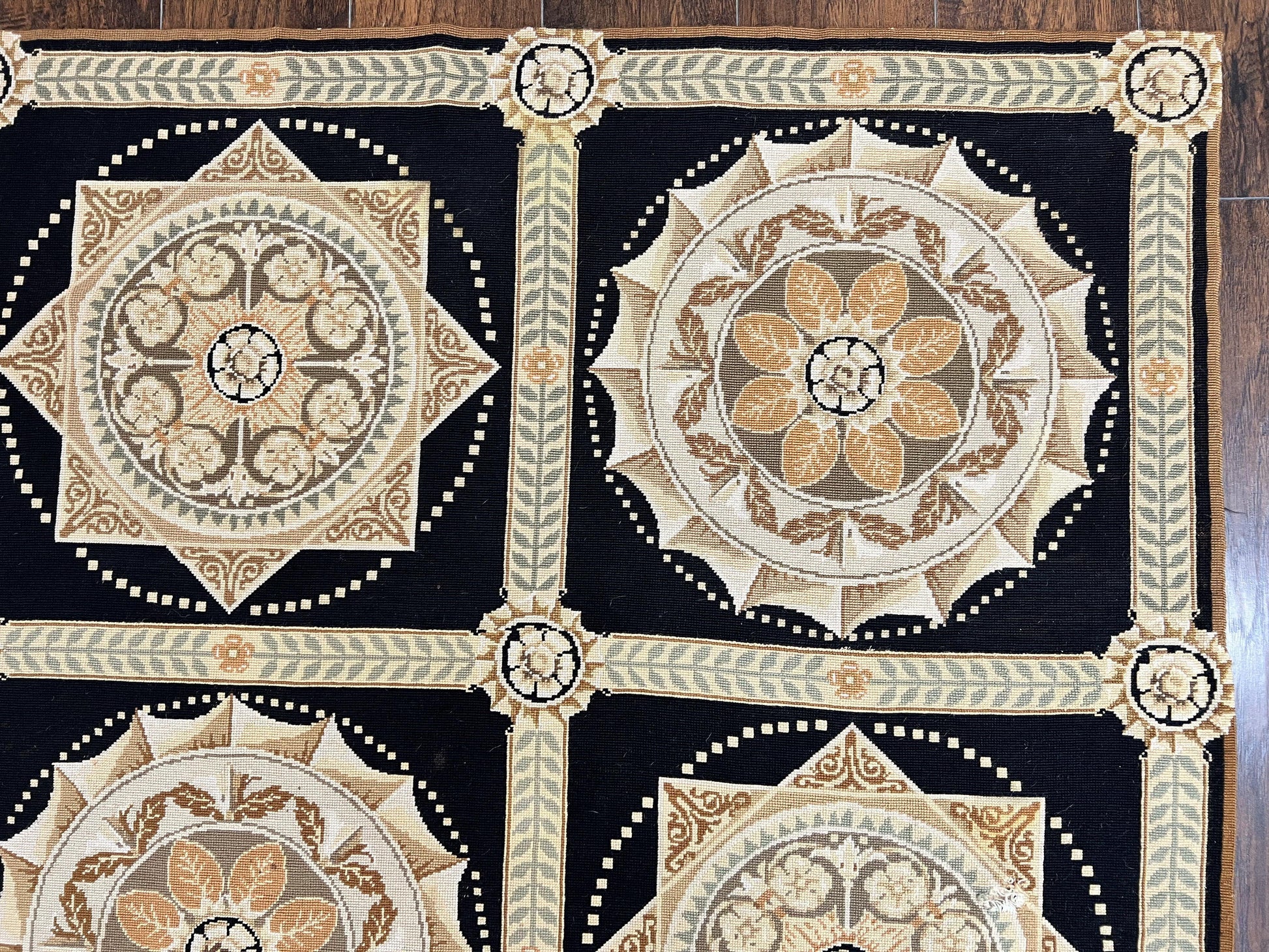 Needlepoint Rug 8x10, Black Tan Beige, Panel Design, Wool Handwoven Handmade Flatweave Needlepoint Carpet, Vintage French European Rug - Nuvé