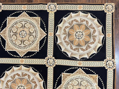 Needlepoint Rug 8x10, Black Tan Beige, Panel Design, Wool Handwoven Handmade Flatweave Needlepoint Carpet, Vintage French European Rug - Nuvé