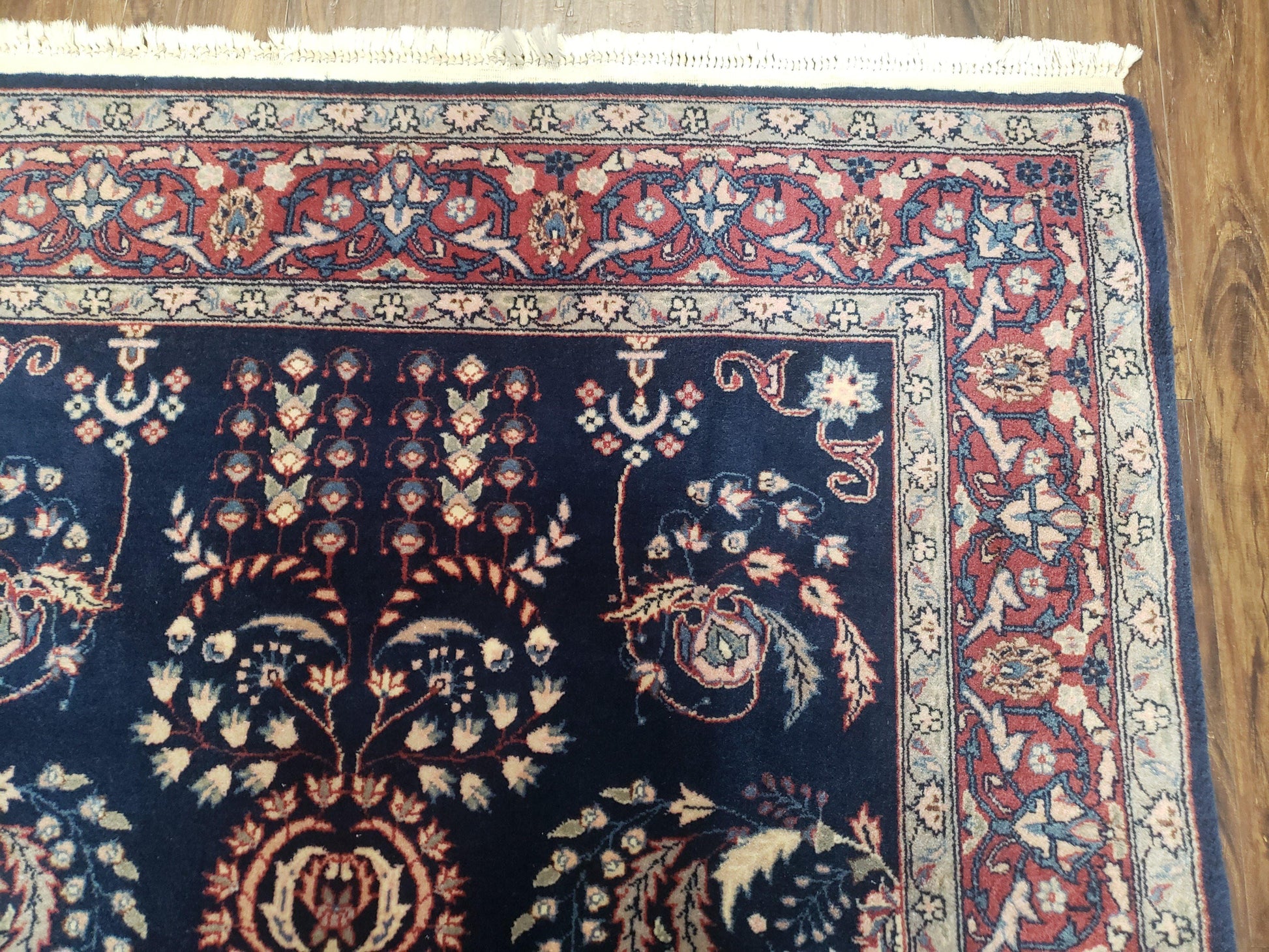 Dark Blue Indo Persian Rug 4x6, Medium Size Hand Knotted Oriental Carpet, Traditional Floral Indian Rug, Blue and Red Entryway Rug, Wool Rug - Nuvé