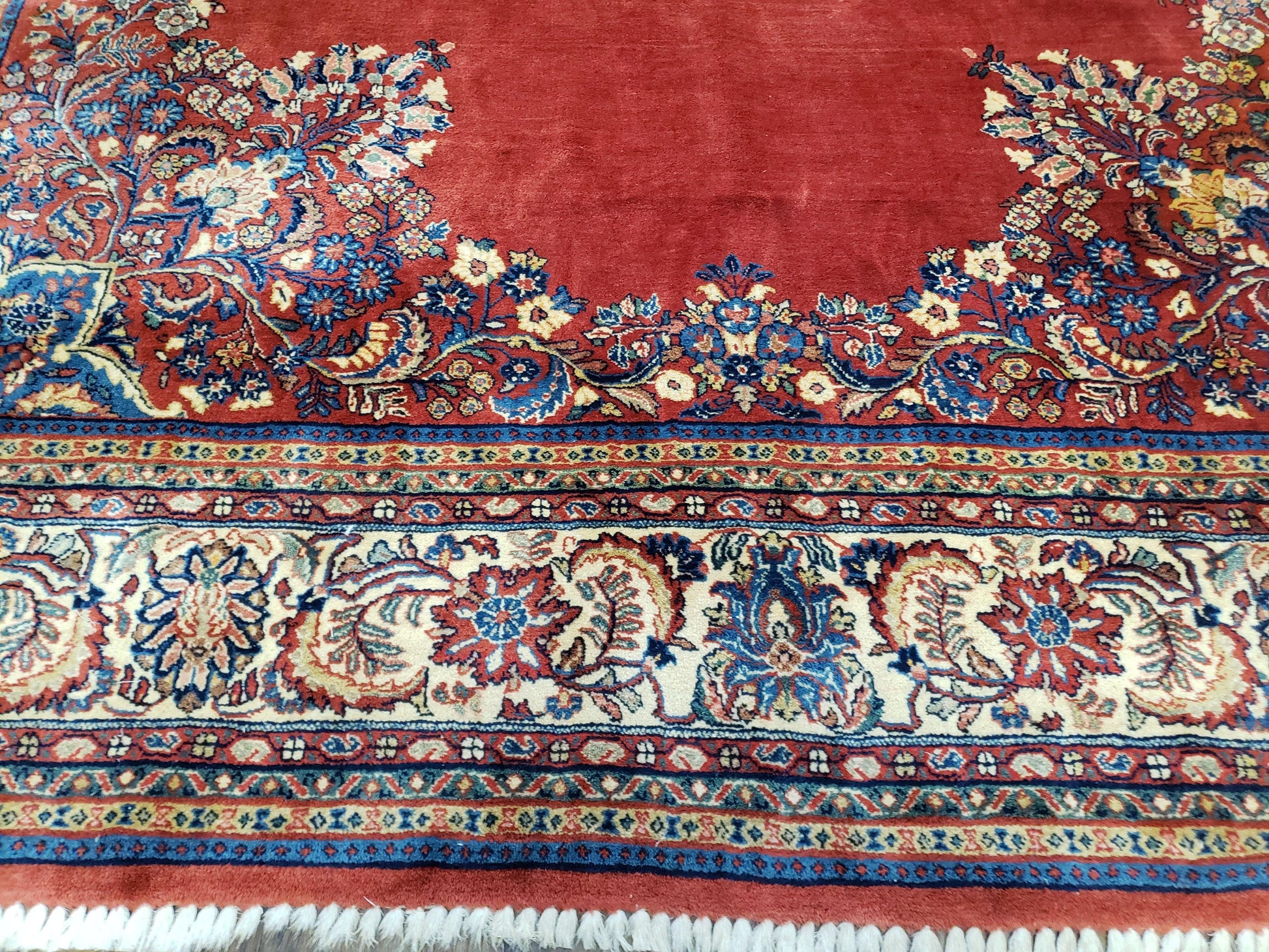 Semi Antique Persian Sarouk Rug 9x12,  Semi Open Field with Central Medallion, Hand Knotted Wool, Tomato Red, 9 x 12 Authentic Oriental Carpet - Nuvé