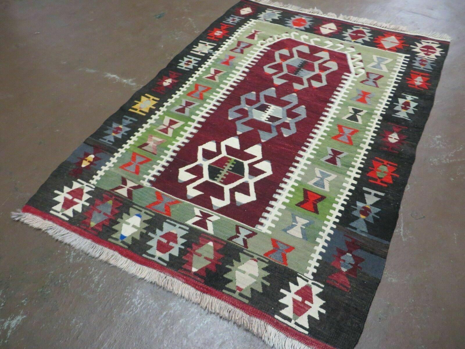 3' 8" X 5' Vintage Turkish Kilim Handmade Flat Weave Wool Rug Veg Dyes - Nuvé