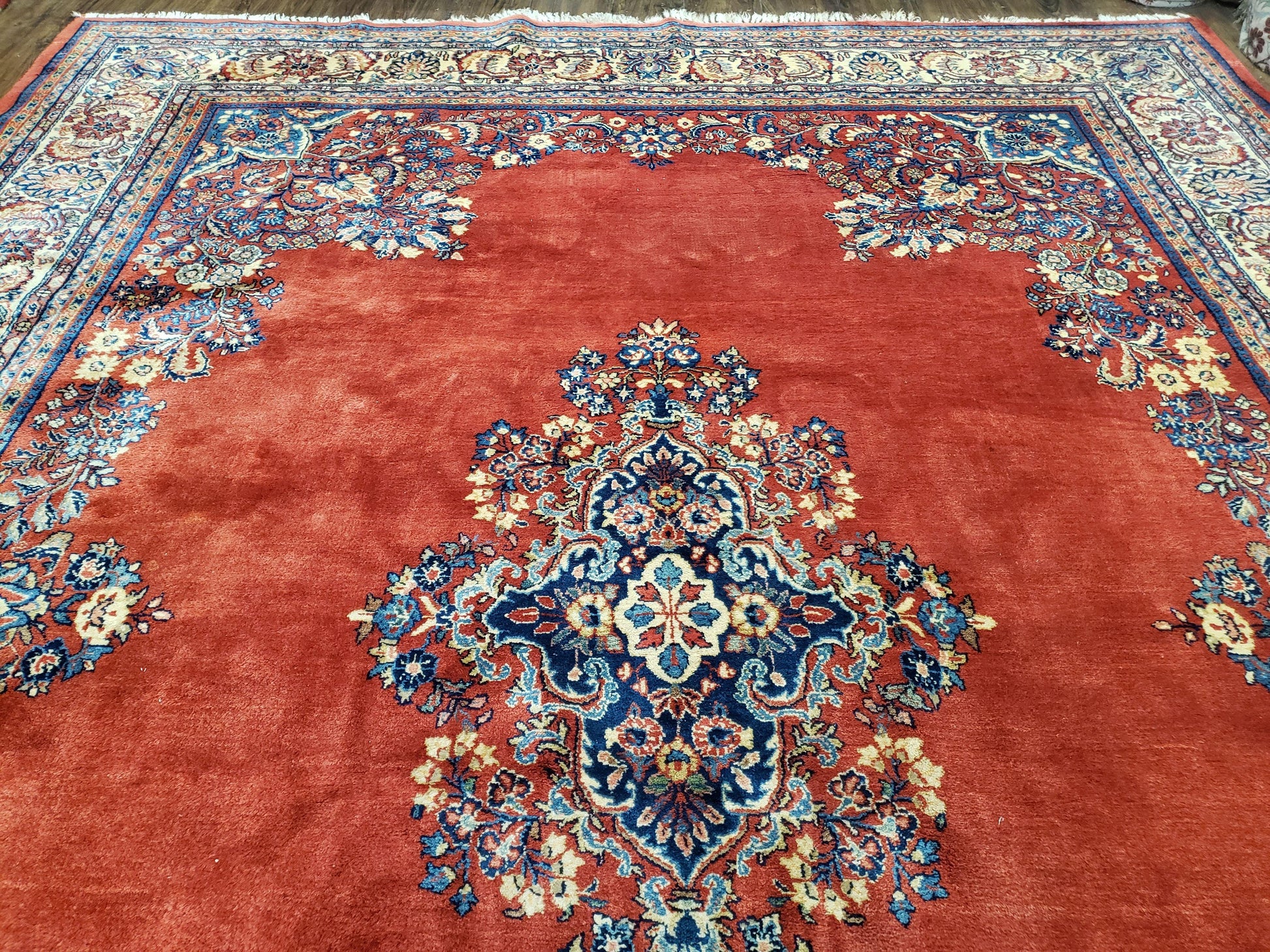 Semi Antique Persian Sarouk Rug 9x12,  Semi Open Field with Central Medallion, Hand Knotted Wool, Tomato Red, 9 x 12 Authentic Oriental Carpet - Nuvé